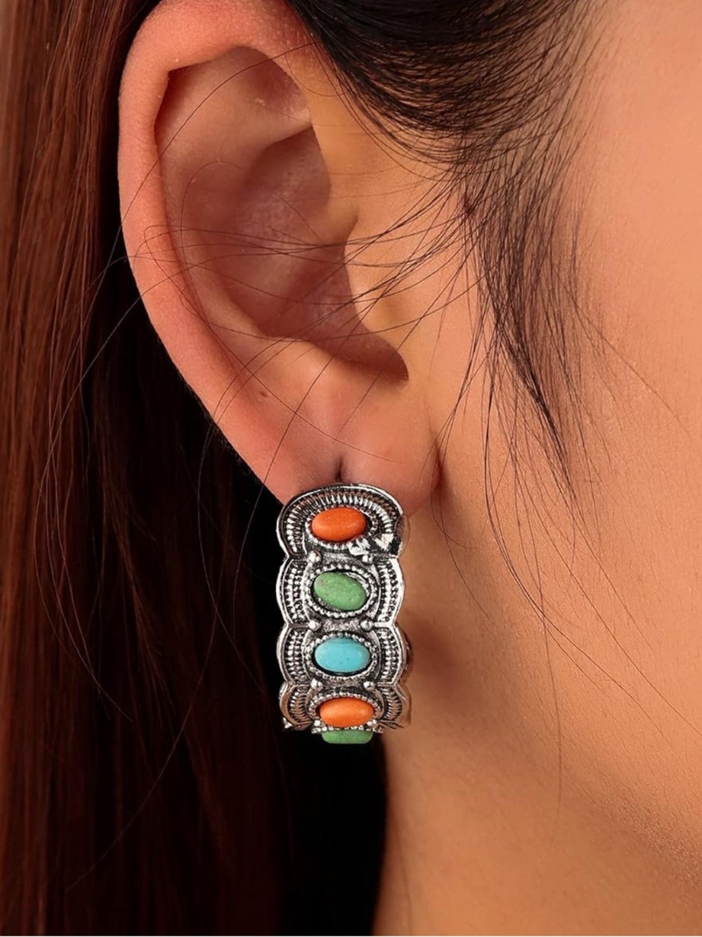 Vintage-Inspired Multicolor Turquoise Hoop Earrings - Silver - Picture 4 of 5